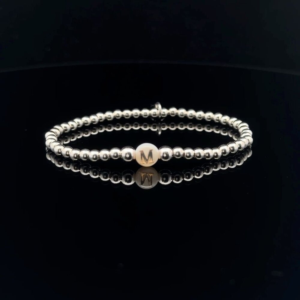 925 Sterling Silver Beaded Stretch Stacking Bracelet MOP Letter Initial M